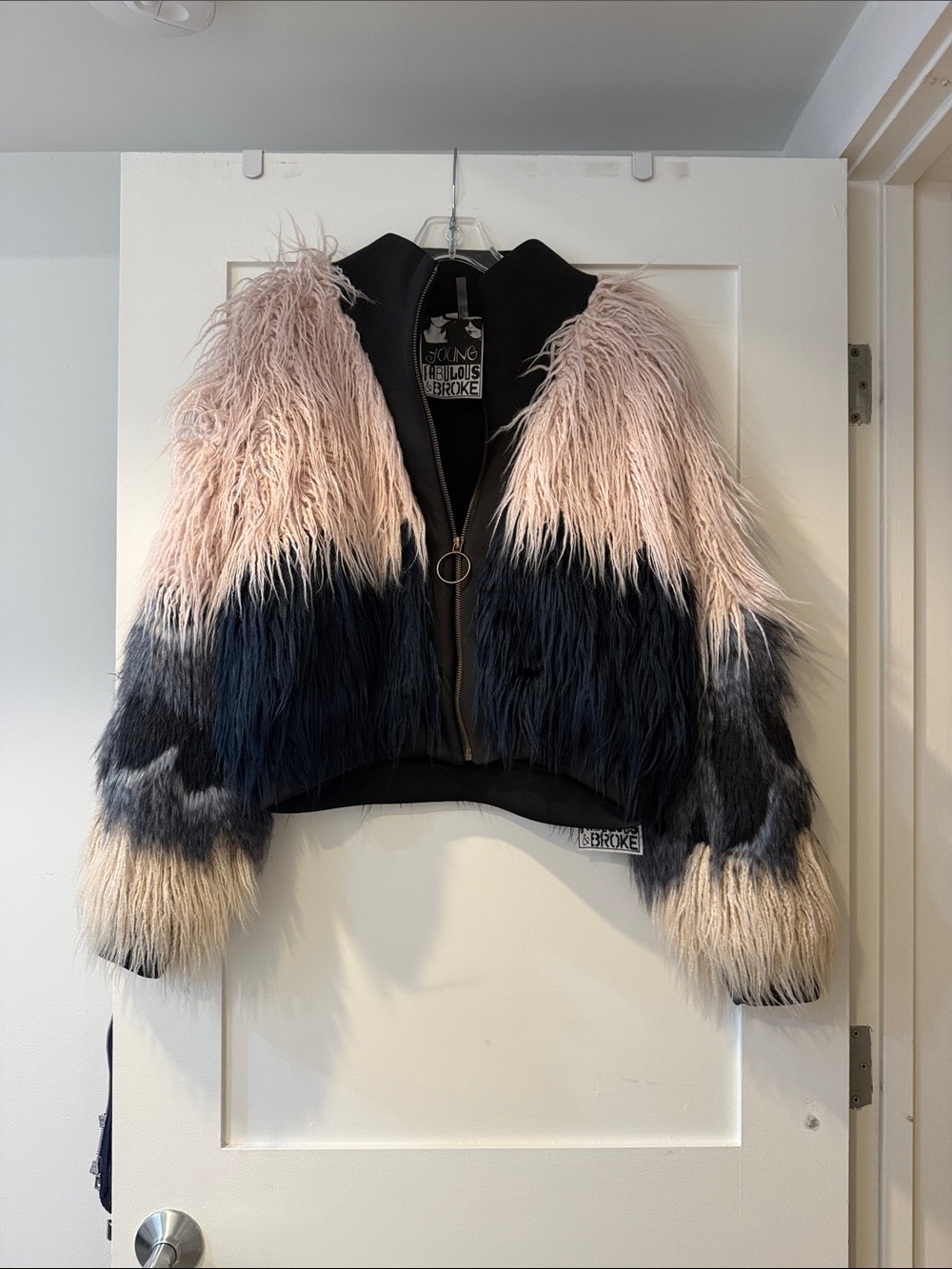 Young, Fabulous & Broke - Colorblock Faux Fur Zip Jacket - Pink, Navy, Cream